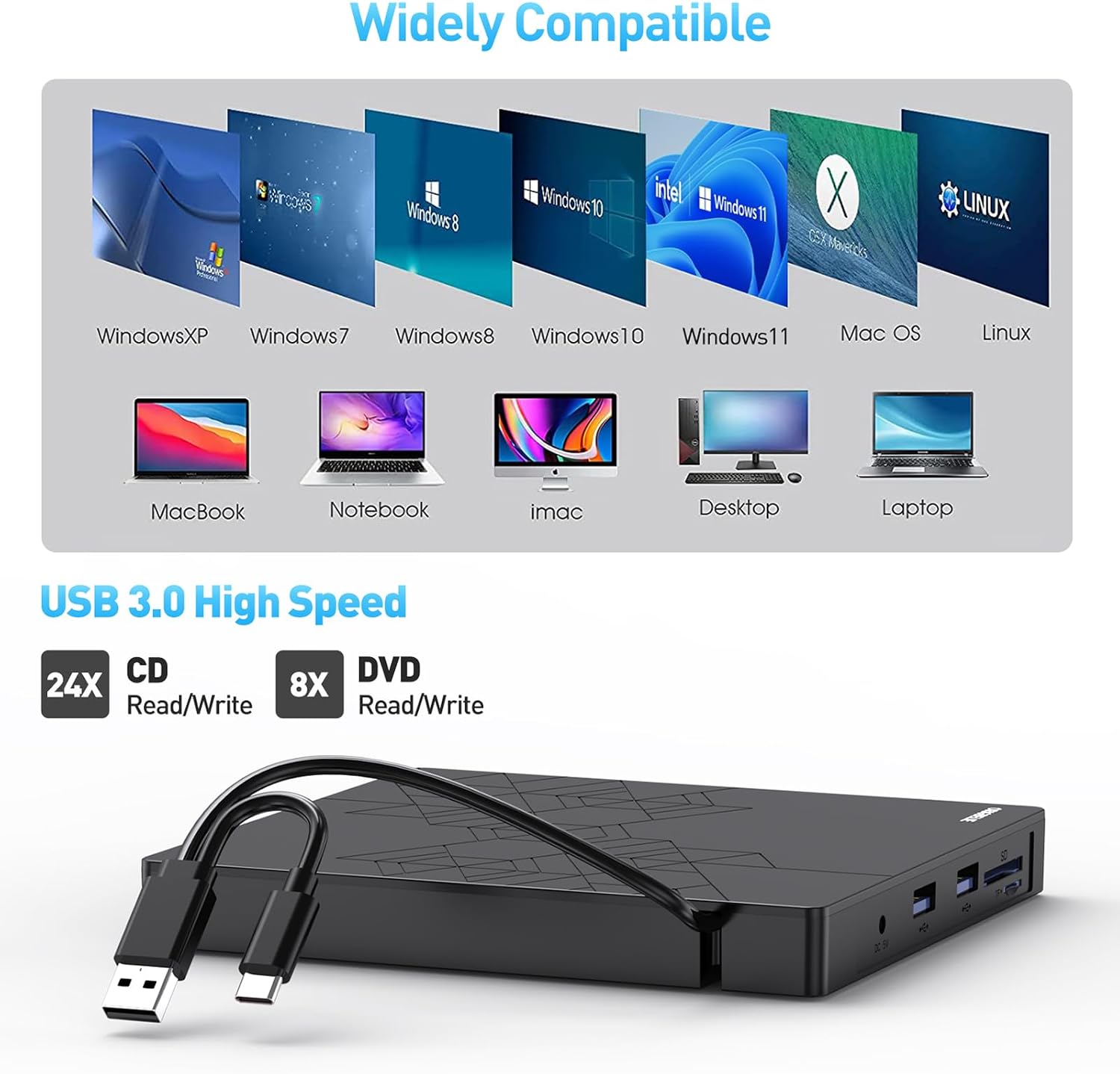 Detalle de ORIGBELIE External CD/DVD Drive with USB 3.0 Type-C — Portable Slim ODD for Laptops, PCs, and Mac