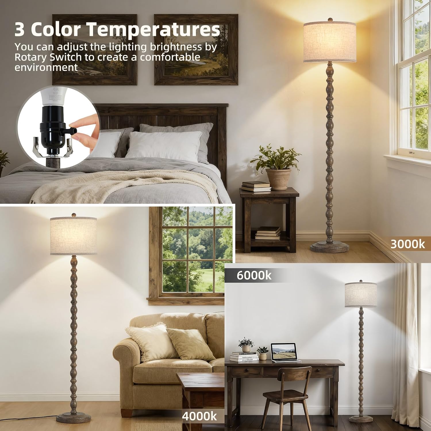 Detalle de Luvkczc F00218 Farmhouse Floor Lamp, 62-Inch, Adjustable Colour Temperature
