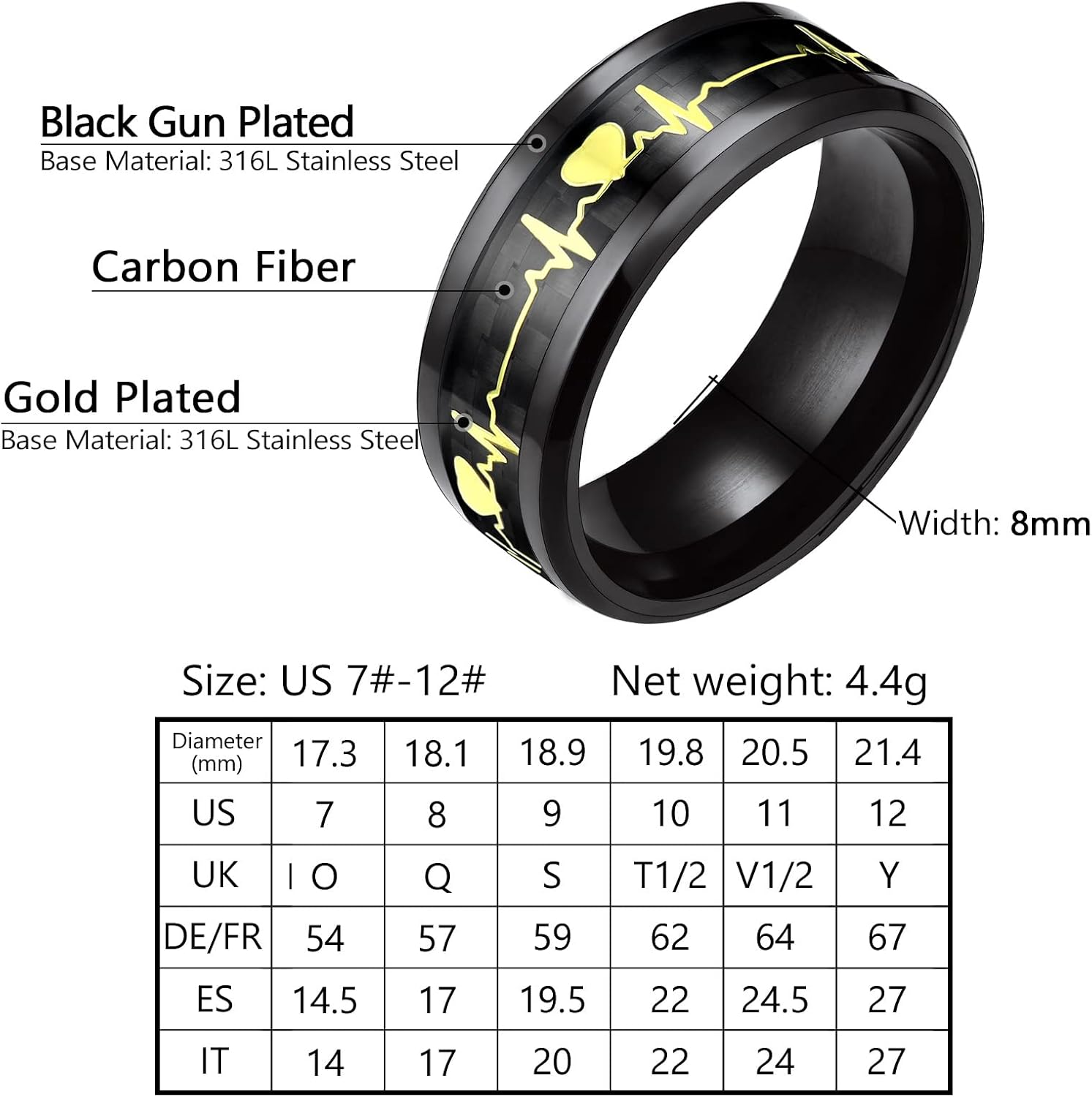 Thumbnail 4 de PROSTEEL Bague Homme 8mm acier inoxydable fibre carbone