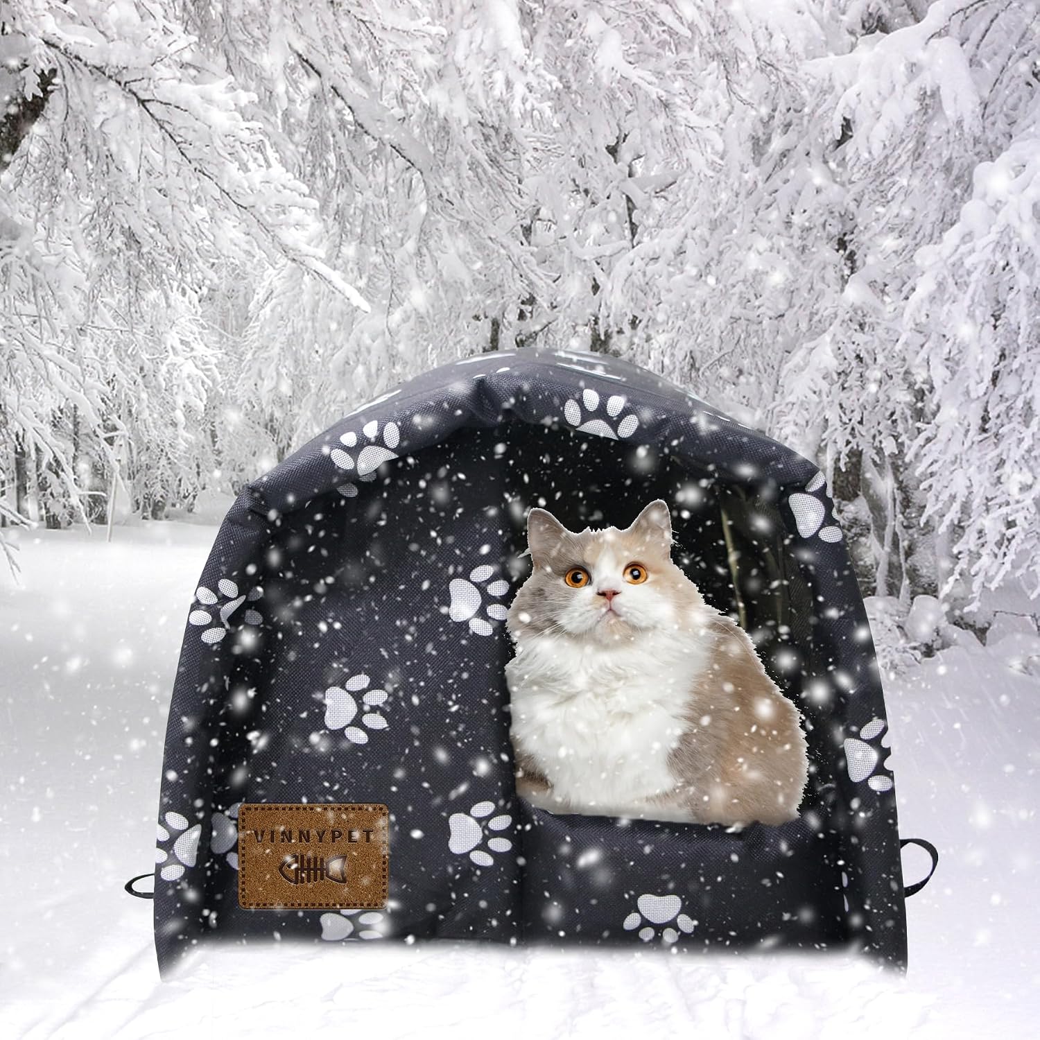 Detalle de Vinnypet Katzenhaus für draußen – Winterfest, wasserdicht und warm, faltbare Katzenhöhle mit Plüschkissen (42x31x28 cm)
