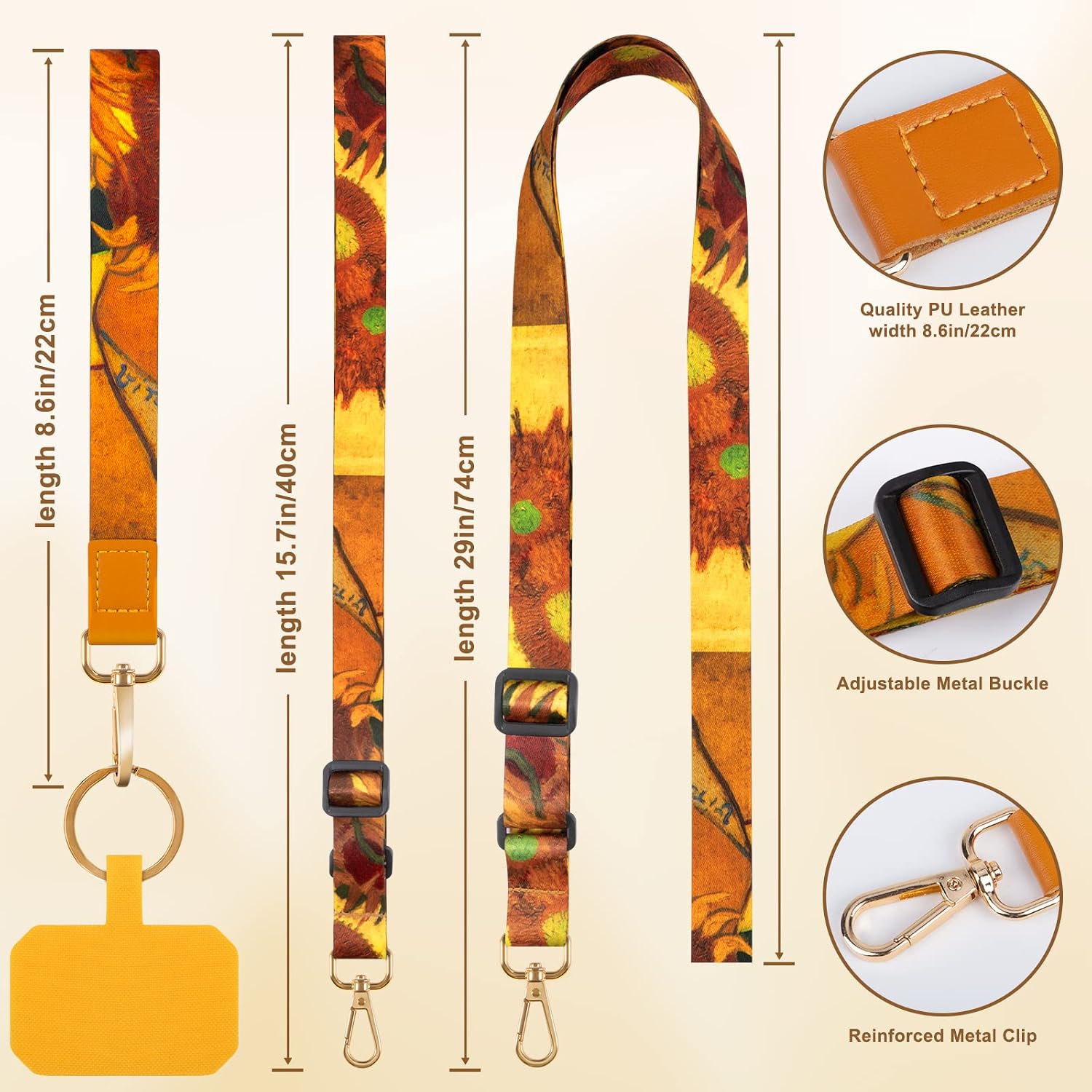 Detalle de Sunflower Phone Lanyard & Crossbody Neck Lanyard with Wrist Strap, keyring and card holder pads