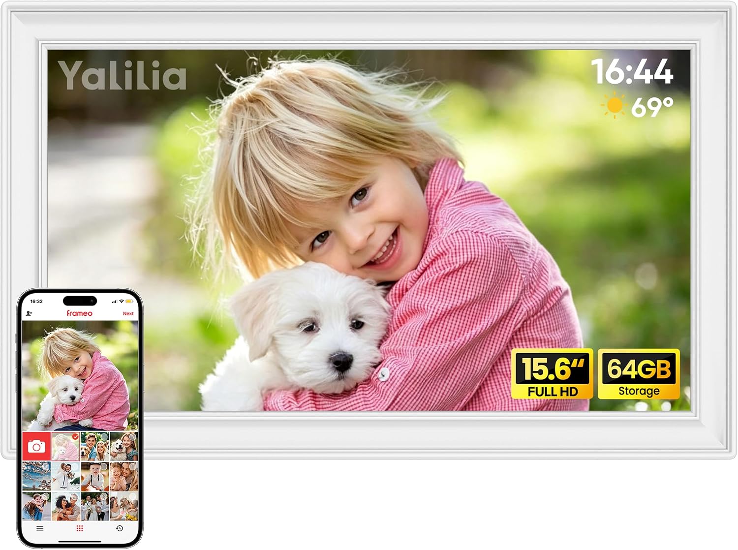 Detalle de 64GB FRAMEO 15,6 Zoll Digitaler Bilderrahmen von Yalilia – FHD IPS Touchscreen, Auto Rotation