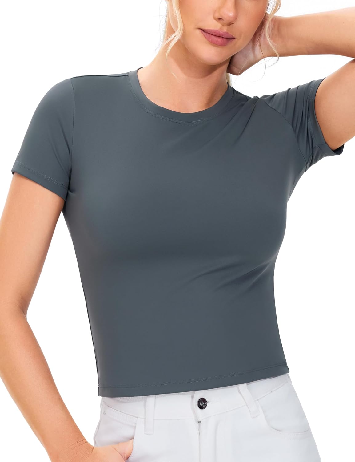Detalle de THE GYM PEOPLE Haut d’entraînement femme à manches courtes – coupe ajustée respirante pour yoga, course et fitness