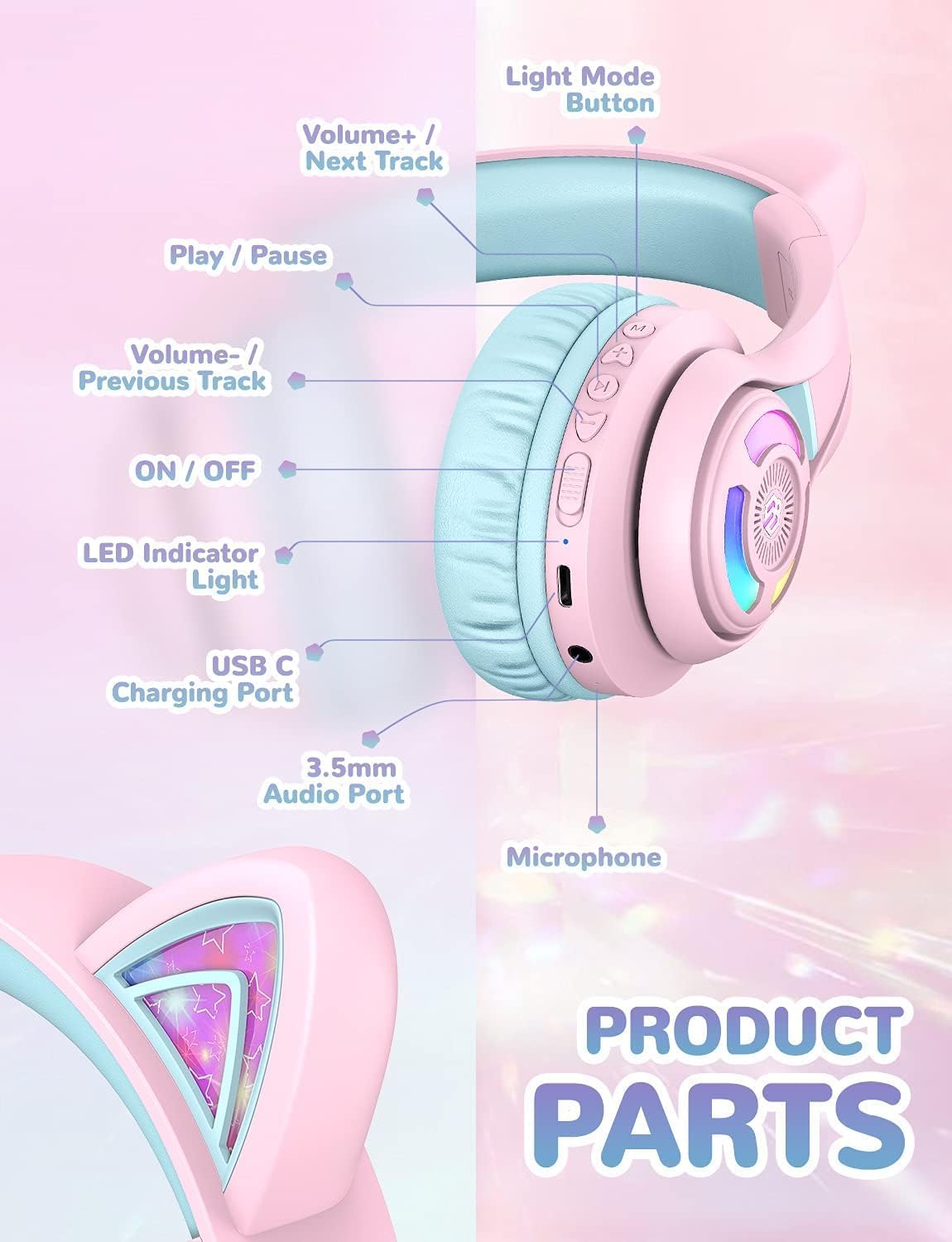 Detalle 1 de iClever Bluetooth Kopfhörer Kinder mit Katzenohr-LED, MIC und 3,5-mm-Kabel (BTH13, 50 Std. Spielzeit)