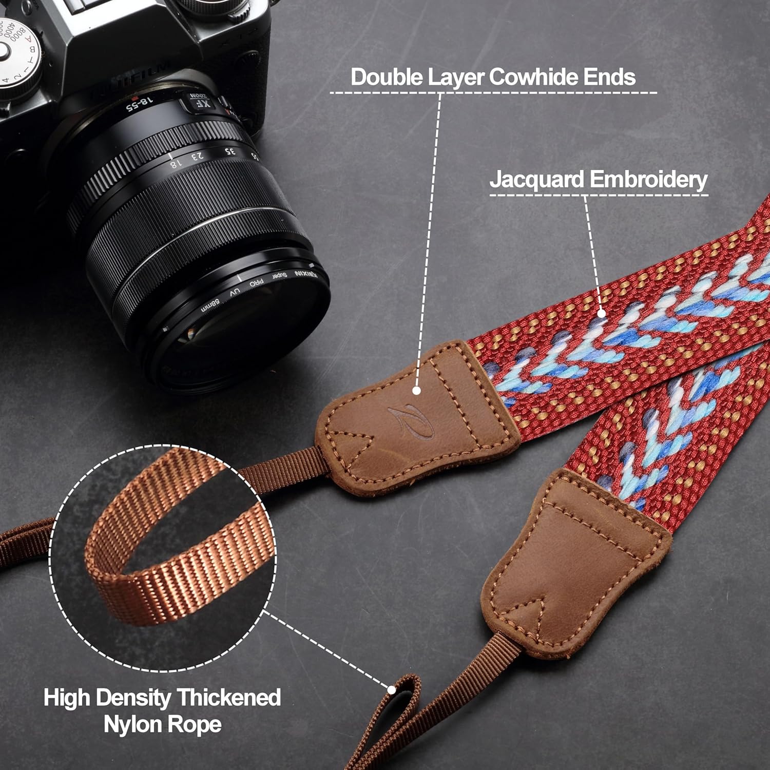 Detalle de Padwa Lifestyle Speed Red Camera Strap – 1.5" Soft Cotton Rope Weave with Crazy Horse Cowhide Ends