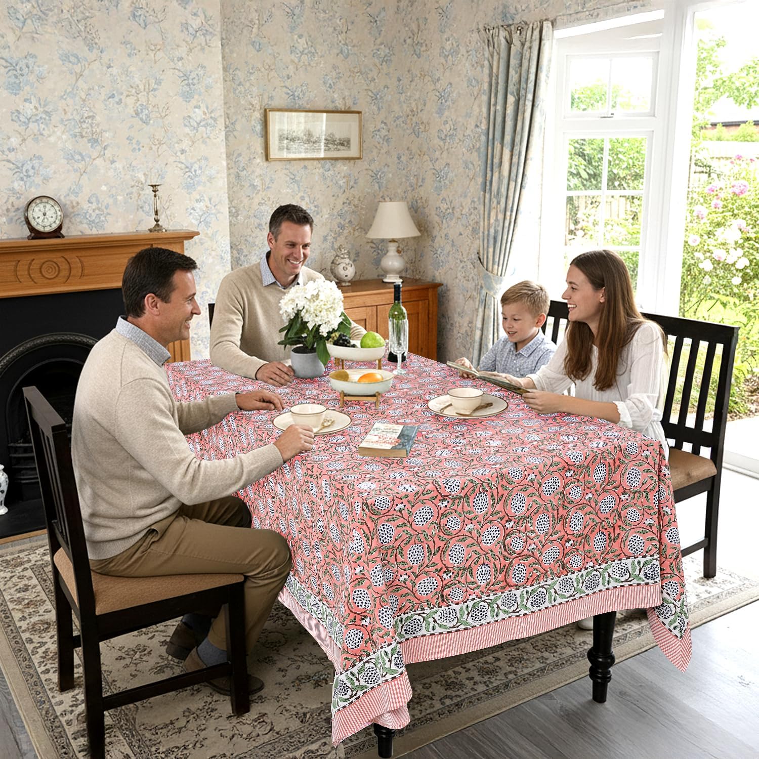 Detalle de Ridhi Dark Salmon Pink Hand Block Print Cotton Tablecloth 60" x 60