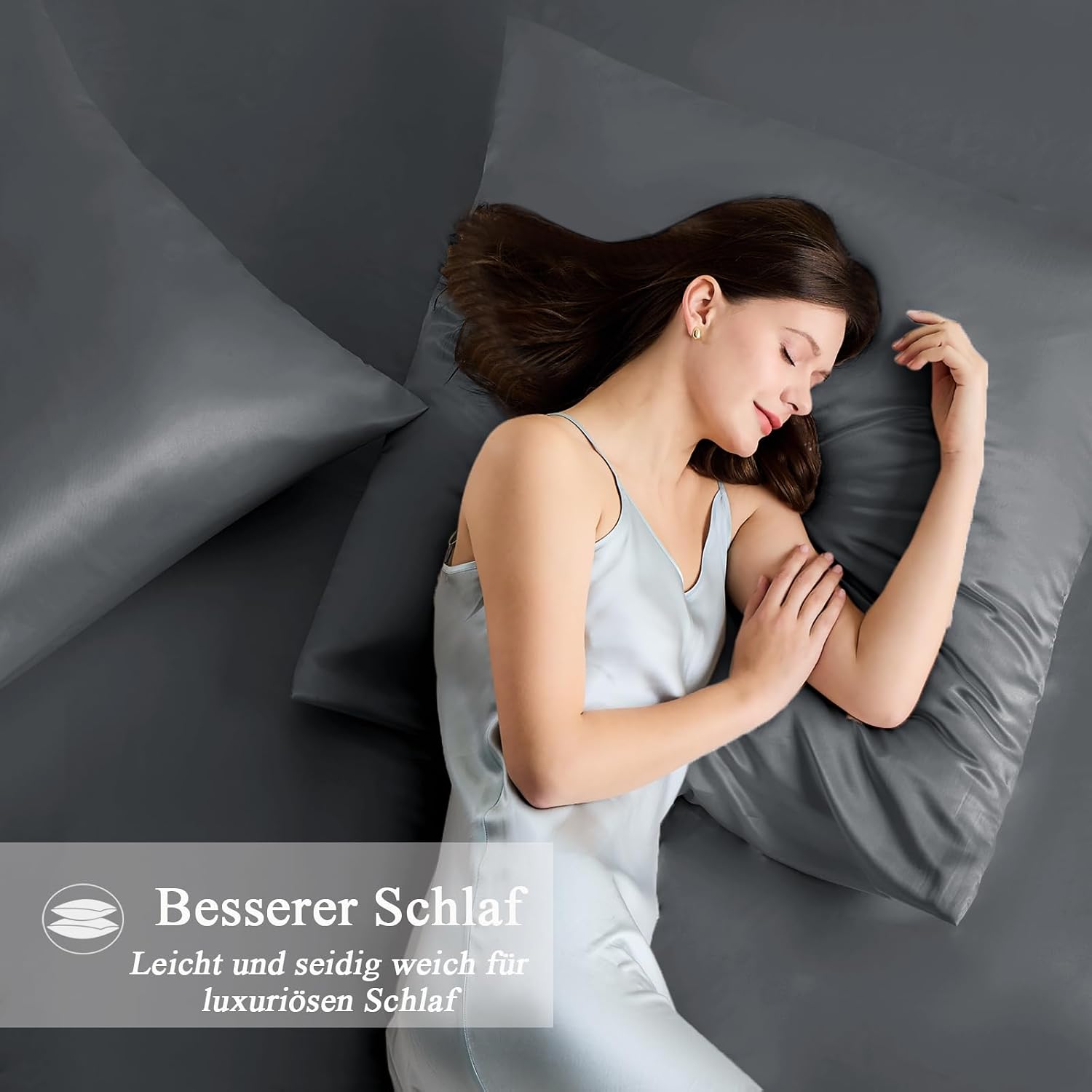 Detalle de Vielit Satin Kissenbezug 80x80 im 2er-Set & 2 Haargummis, dunkelgrau