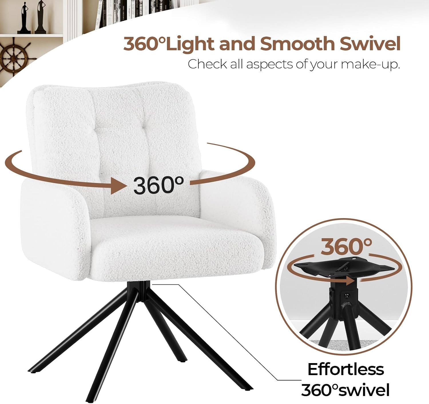 Detalle de Luxstein HM044946 White Bouclé Tub Chair with 360° Swivel and Metal Frame