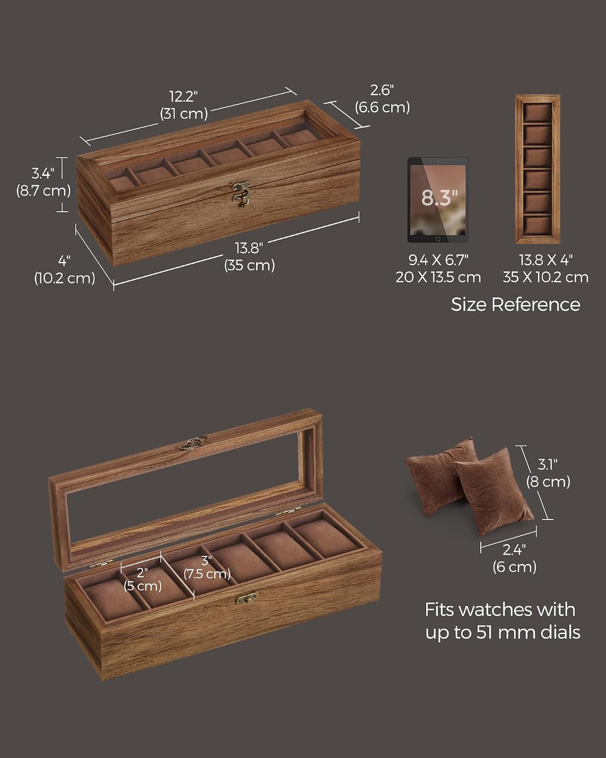 Thumbnail 5 de SONGMICS Watch Box JOW006K01 – 6-Slot Solid Wood Display Case with Glass Lid