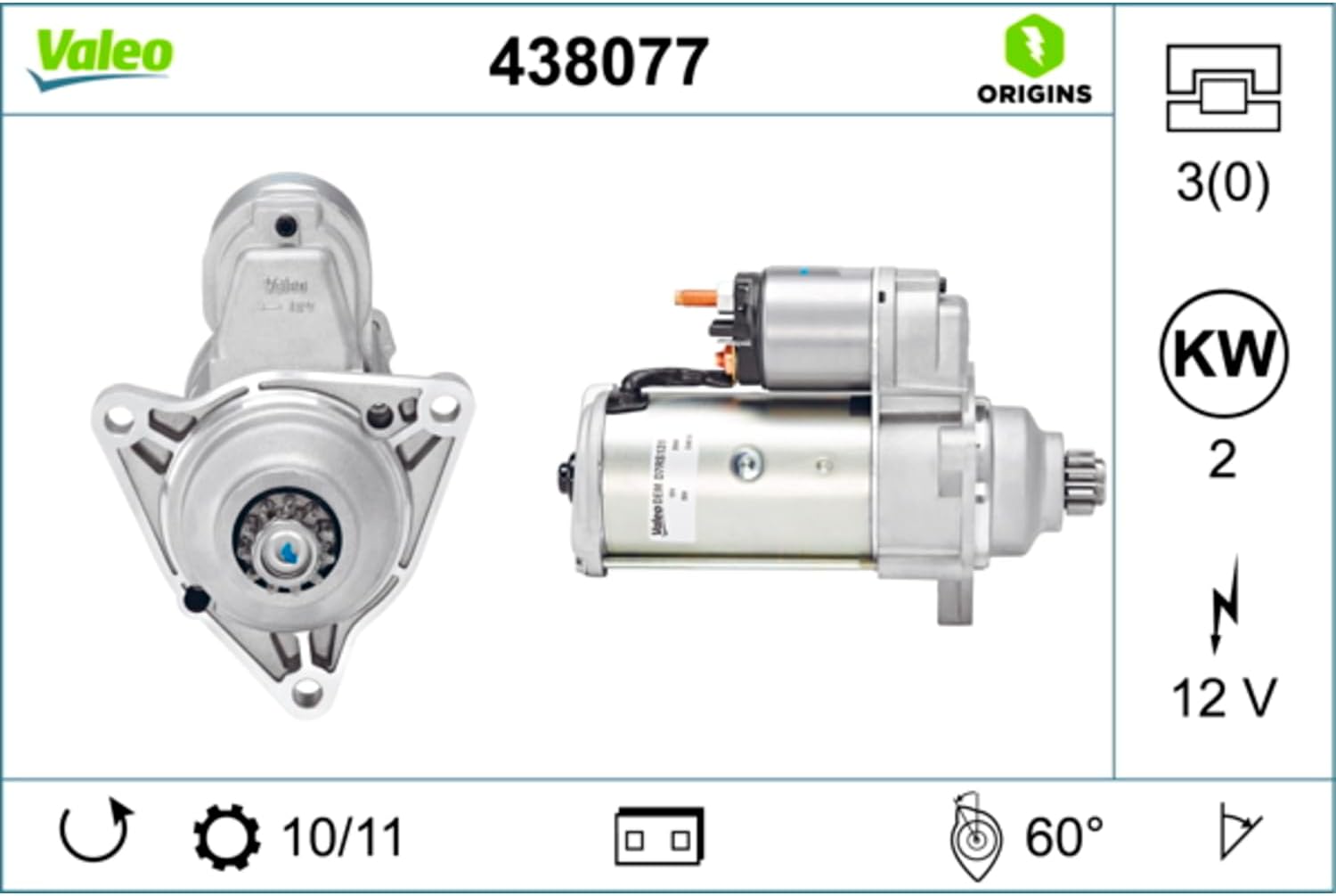 Thumbnail 3 de VALEO 438077 Anlasser – 12 V, 2 kW, 11 Zähne, Anti Clockwise