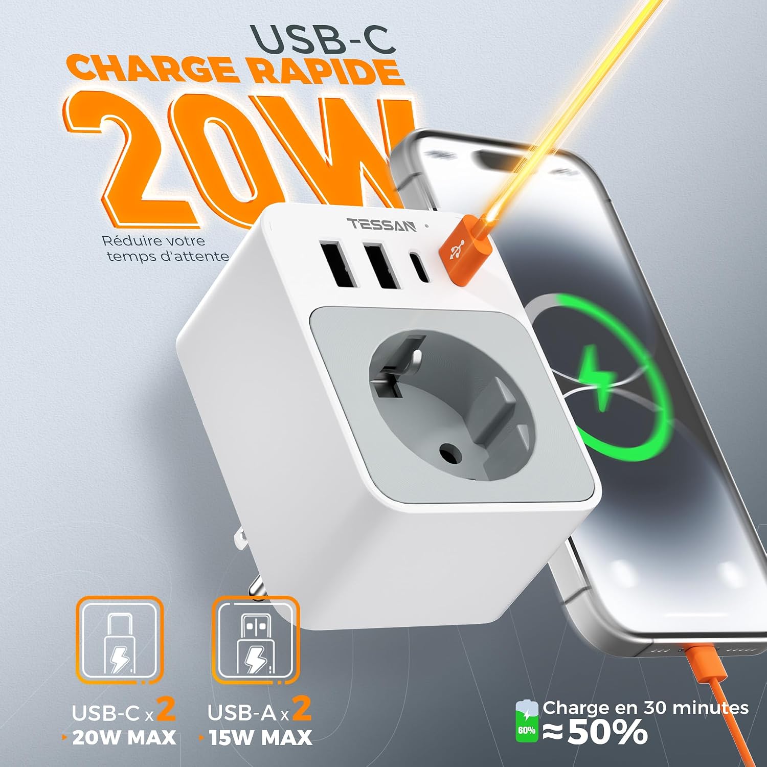 Detalle de TESSAN Adaptateur prise USA 5 en 1 avec 2 USB-C et 2 USB-A (Type B) — charge rapide 20W