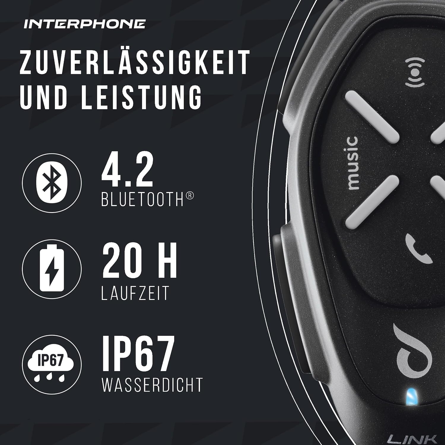 Detalle de Interphone LINK HD Einzel-Headset – Bluetooth Motorrad-Interkom mit 300 m Reichweite
