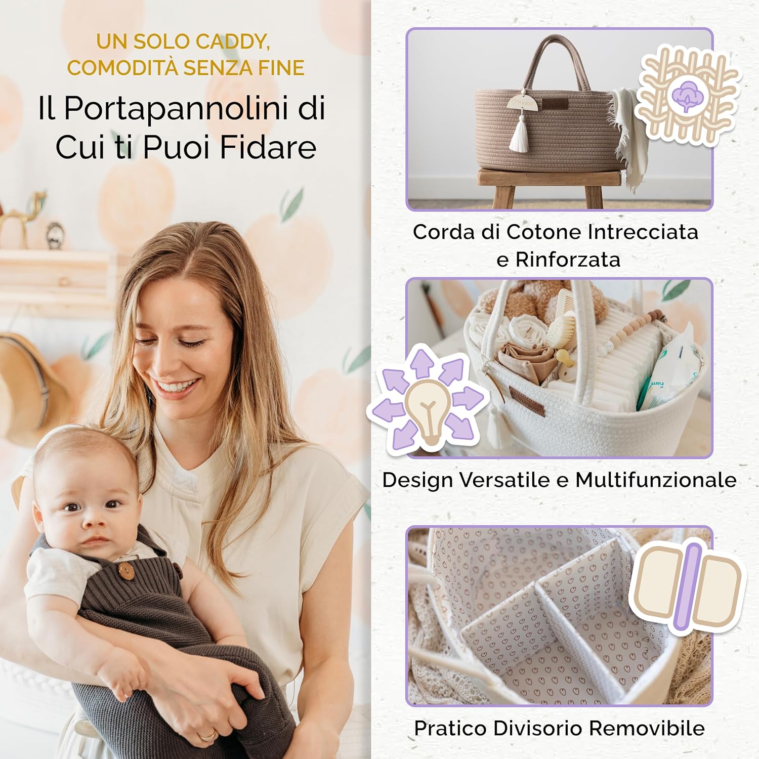 Thumbnail 2 de Yunioo Cestino Porta Pannolini – Organizer Fasciatoio Neonato con Maniglie Robust e Divisori Rimovibili