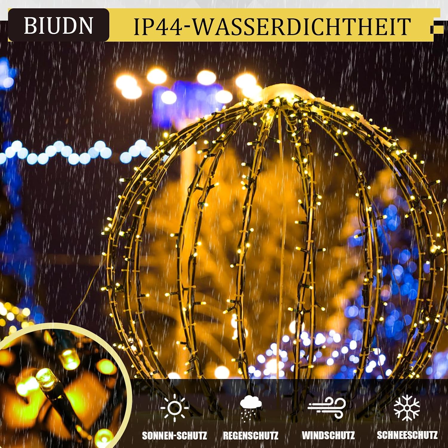Detalle de BIUDN 1500LED Lichterkette für außen & innen (75 m) warmweiß mit 8 Modi, Dimmer/Timer und IP44