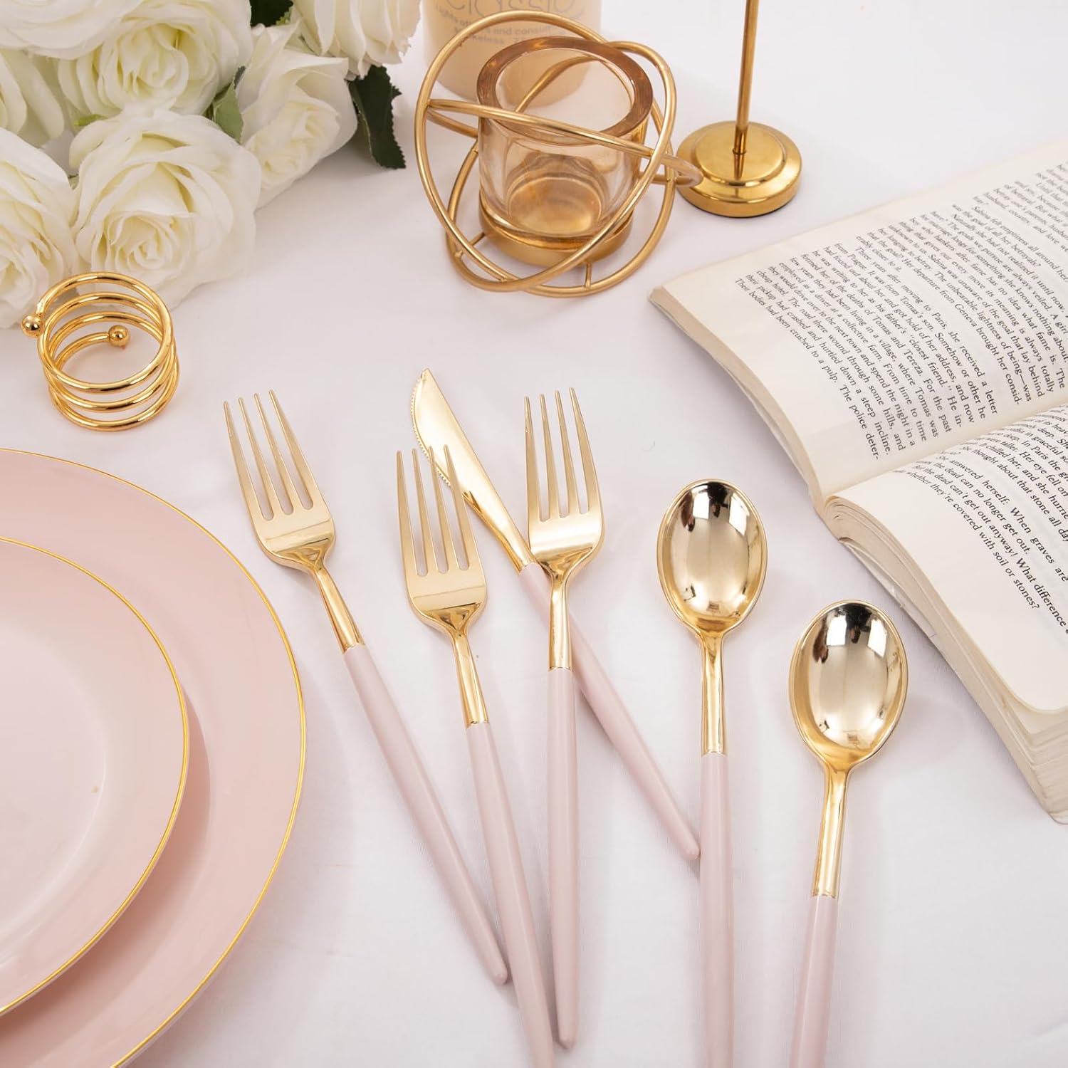 Thumbnail 2 de I00000 300 Pack Gold Silverware with Pink Handle – Pink Plastic Utensils Set (100 forks, 100 knives, 100 spoons)