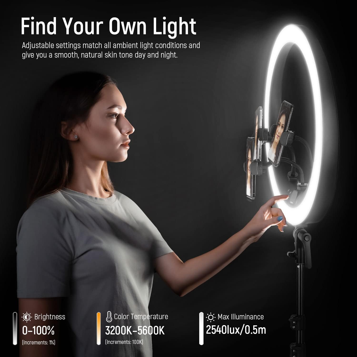 Detalle 2 de NEEWER Ring Light RP19H da 19" con stativo e 3 portatelefono, touch 2,4G e telecomando Bluetooth