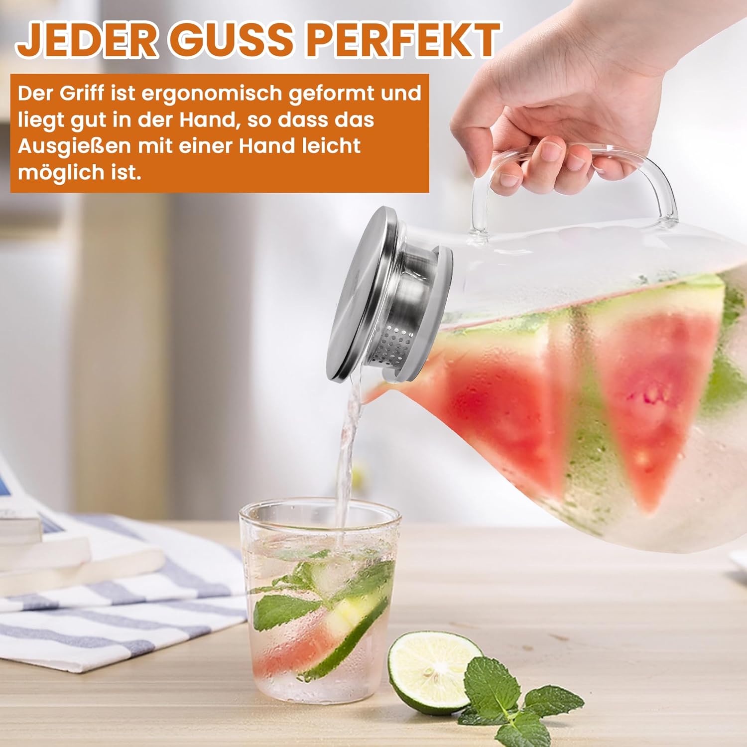 Thumbnail 4 de SUSTEAS Wasserkaraffe 3,0 Liter aus Borosilikatglas mit Deckel, breitem Griff & Reinigungsbürste