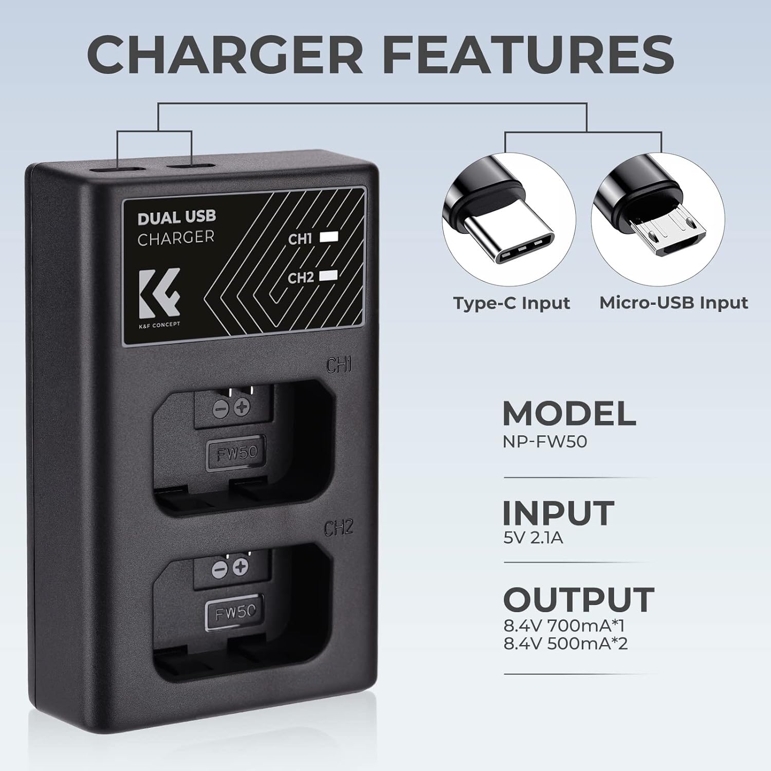 Thumbnail 4 de K&F CONCEPT NP-FW50 Dual Slot Ladegerät mit Typ-C & Micro-USB für Sony A6000/A6500/A6300 u. a.