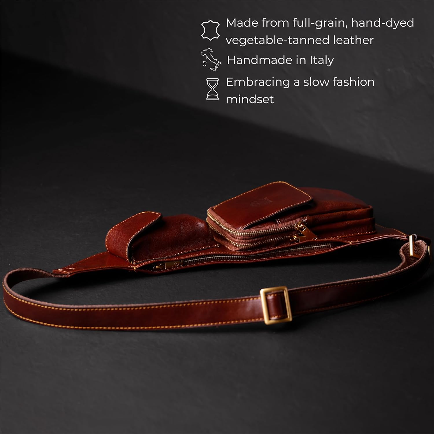 Thumbnail 3 de Time Resistance Brown Leather Sling Bag – Handmade Italian Full-Grain Crossbody