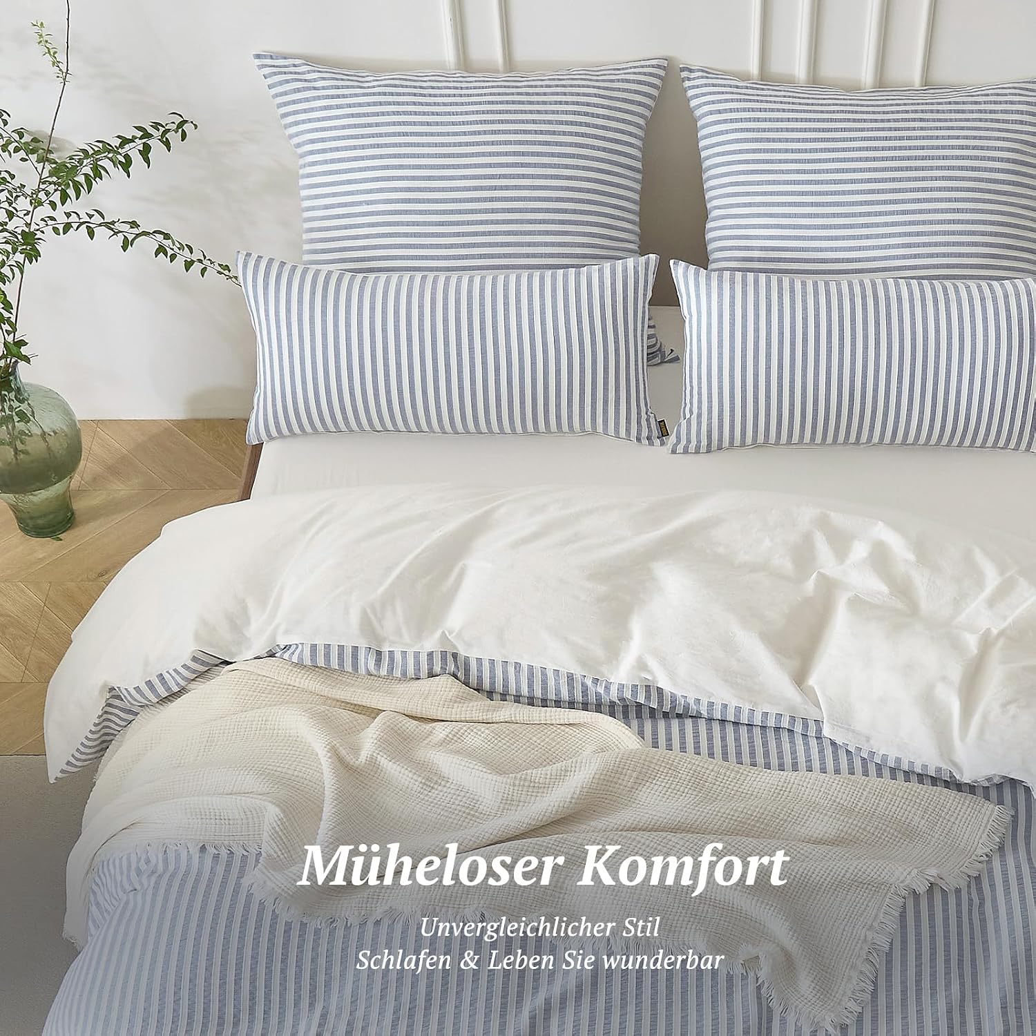 Detalle de SOULFUL Kissenbezüge 40x80 aus Baumwolle – gestreift, Jacquard, Denim Blau