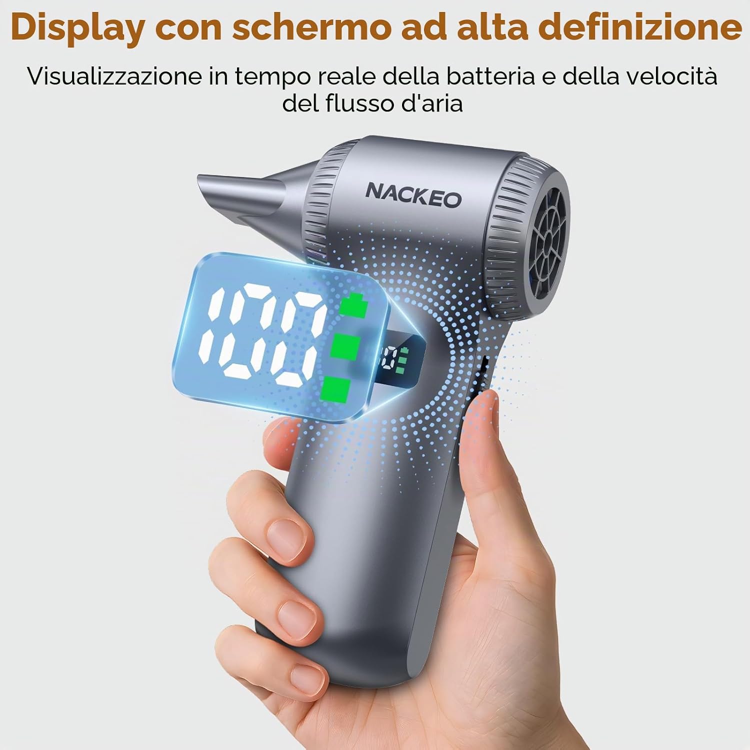 Detalle de Ventilatore elettrico Air Duster 230.000 giri/min con batteria 10.500 mAh e velocità regolabile a 100 livelli