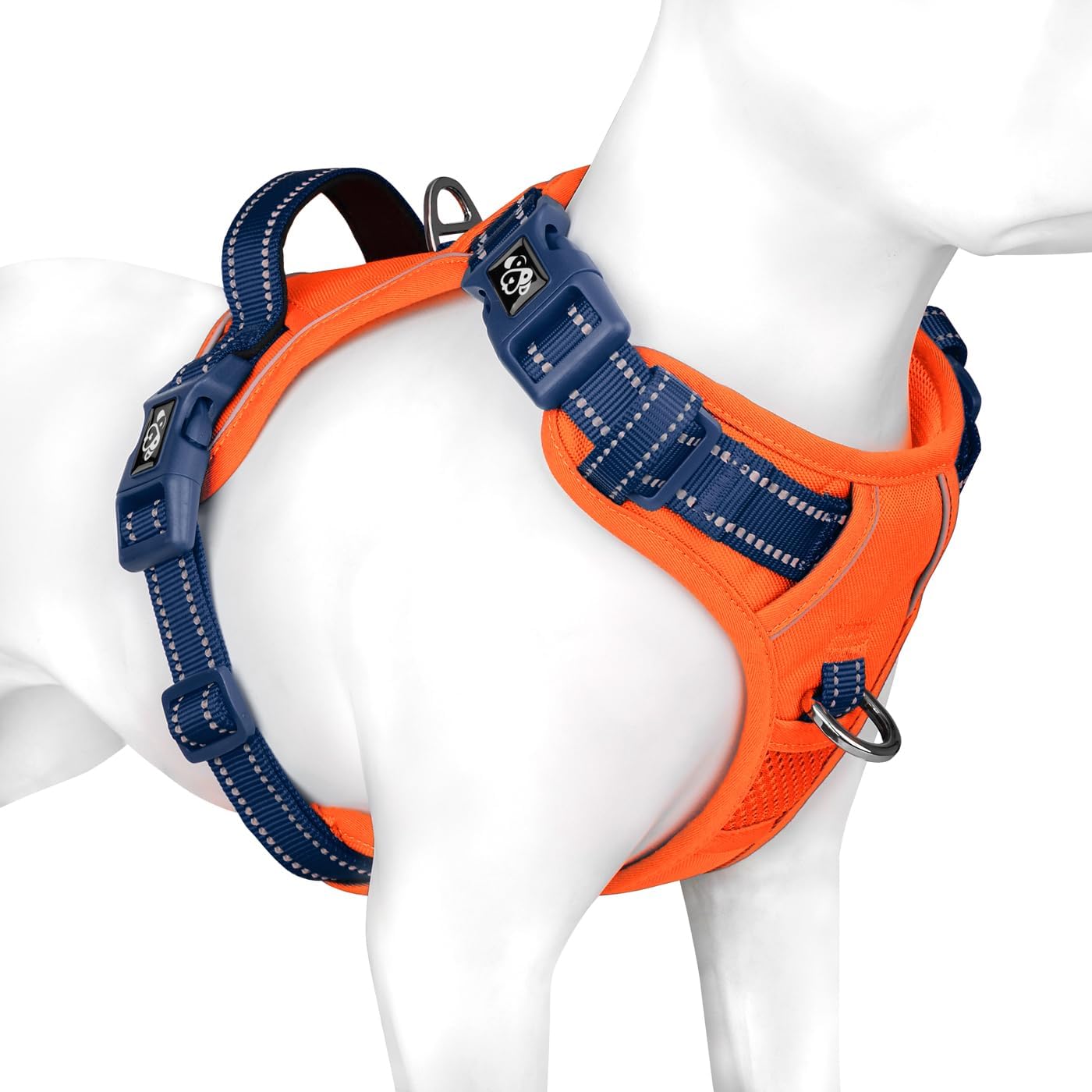 Detalle de PHOEPET No Pull Dog Harness with Escape Proof Design – Front & Back D‑Rings, Reflective, Adjustable (Orange Base & Blue Straps) – Size L