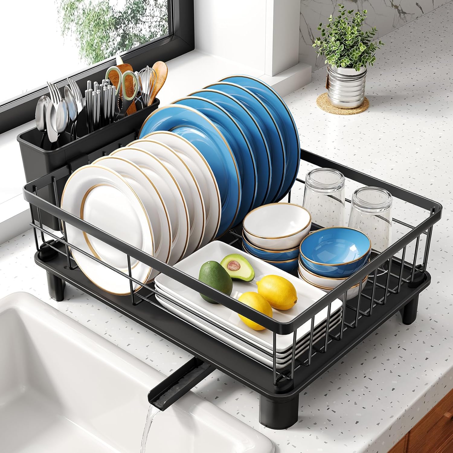 Dish Drying Rack Small with Drainboard, Utensil Holder & Stainless Steel Frame (Black) – Compact Countertop Drainer