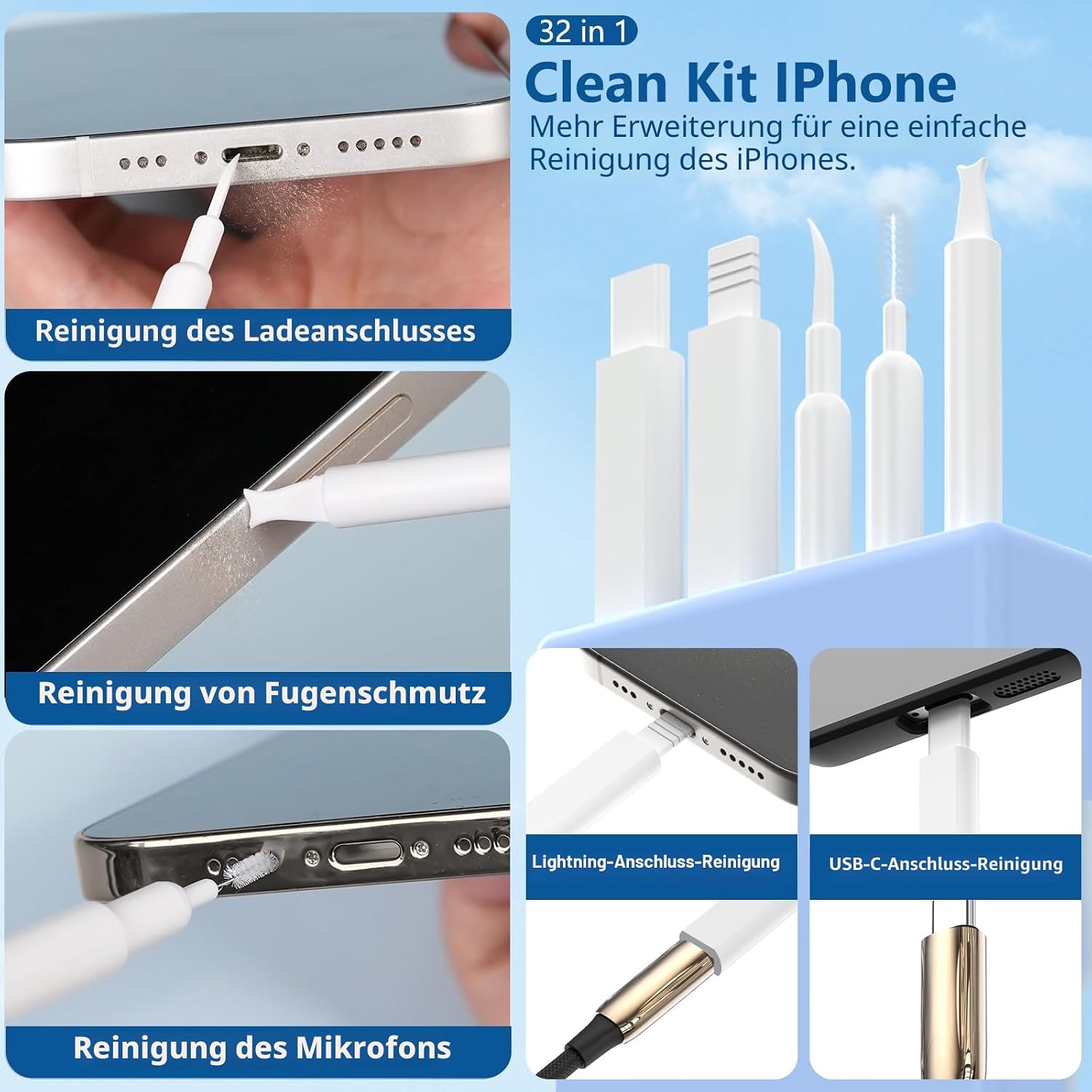 Detalle de Inesore 32-in-1 Reinigungsset – Vielseitiges Reinigungspaket für AirPods Pro 3, MacBook, Tastatur, Smartphone und mehr