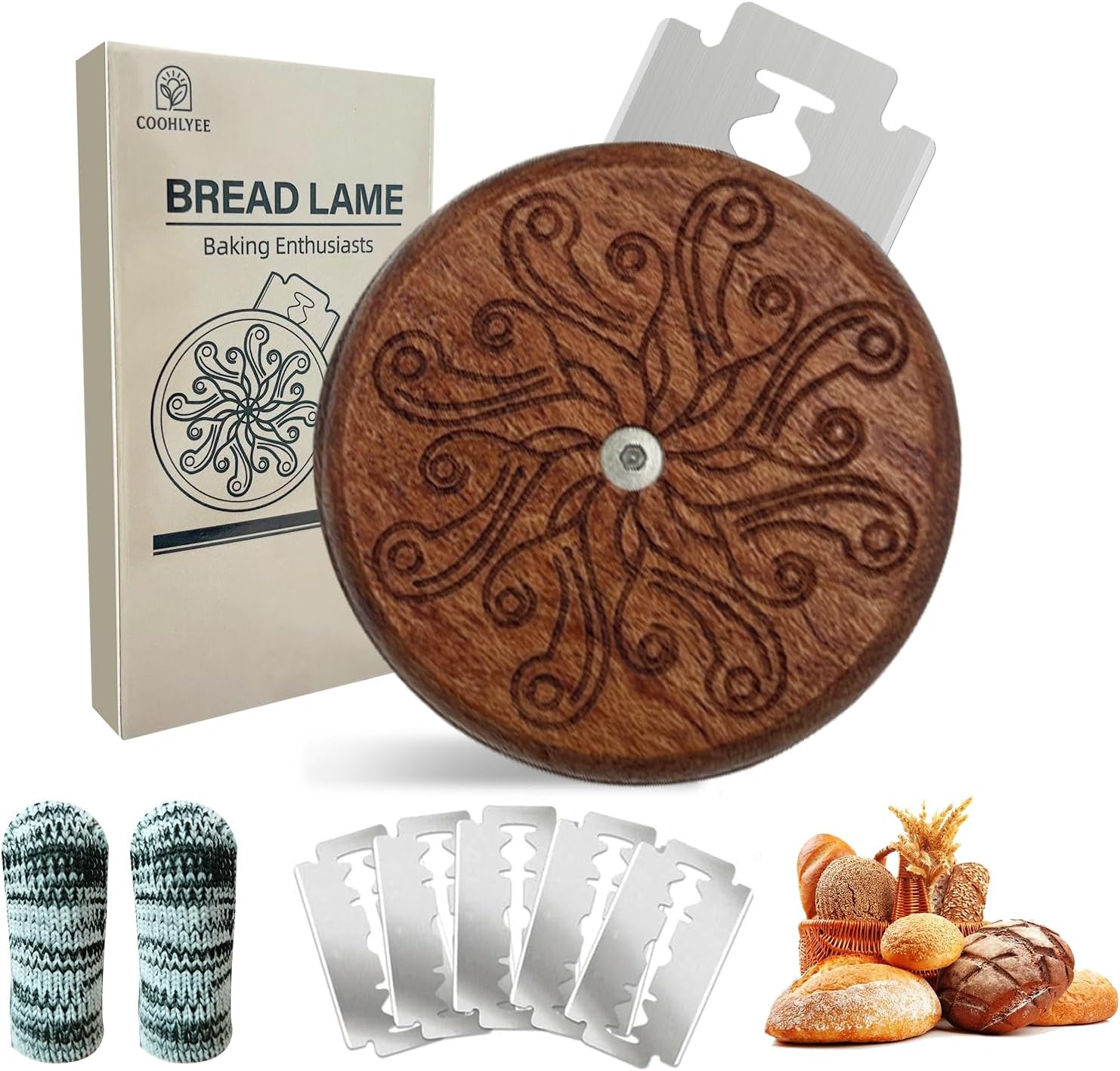 Detalle de COOHLYEE Octopus UFO Bread Lame with Wooden Handle and 5 Blades