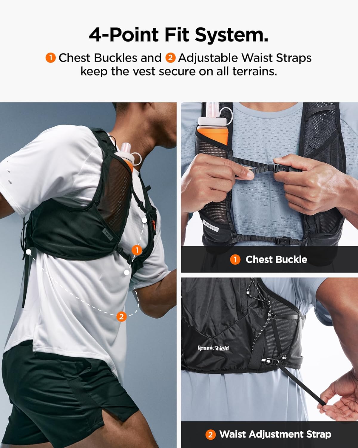 Detalle de Spigen A721 Gilet d’hydratation de course avec flasque 500 ml et support téléphone sécurisé (M/L ou L/XL) – Noir