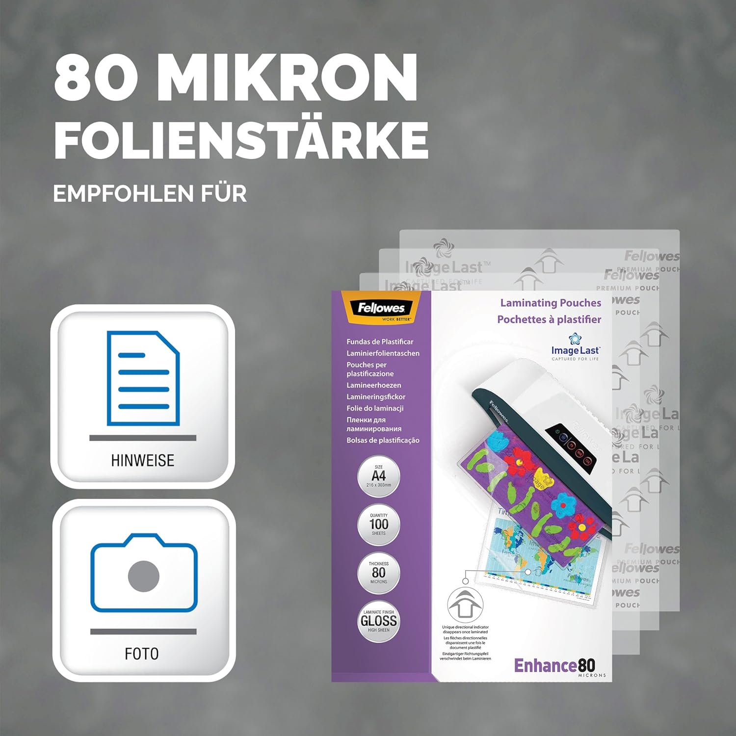 Thumbnail 2 de Fellowes Laminierfolien A4 ImageLast, 80 Mikron – 100 Stück, glänzend, mit Ausrichtungshilfe