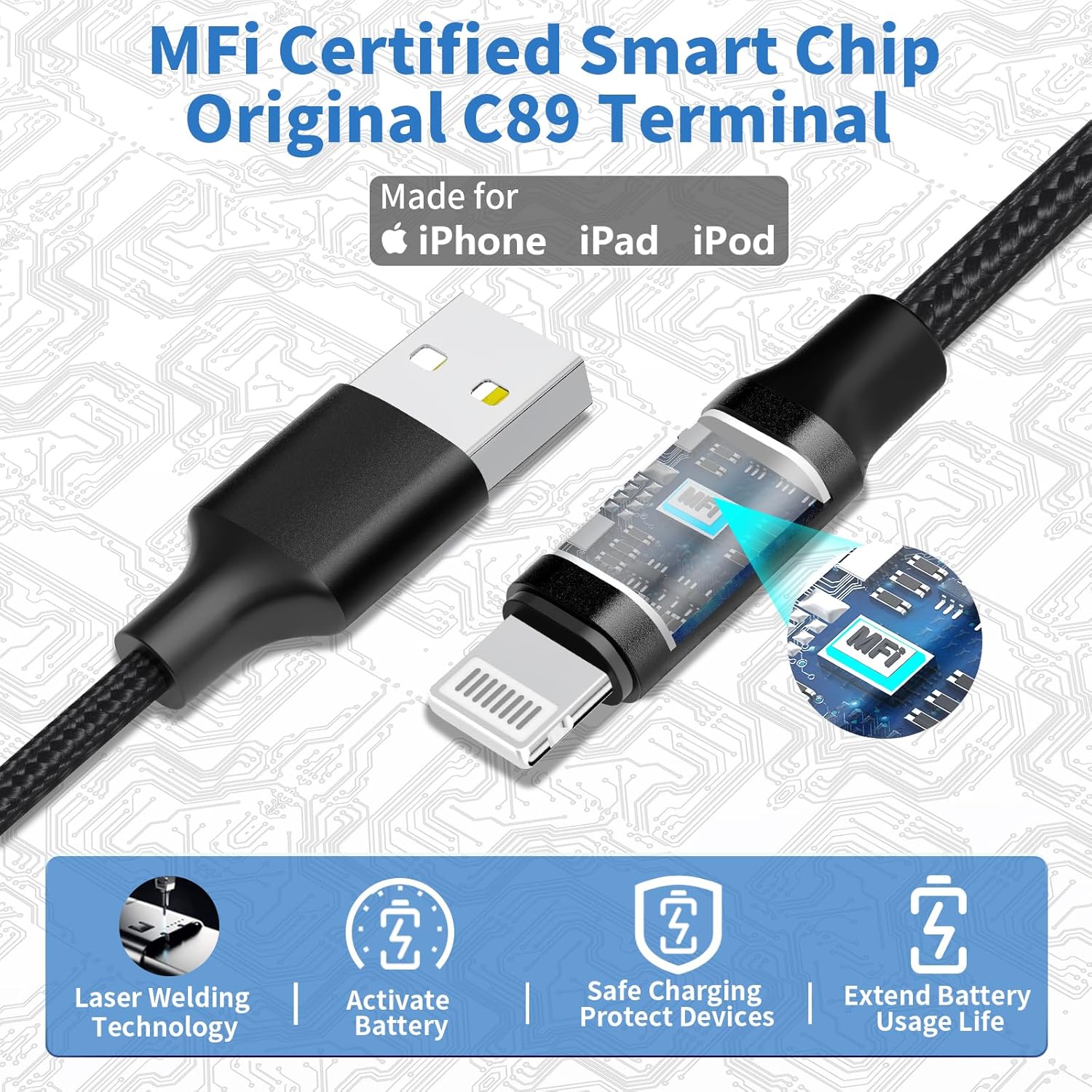 Thumbnail 1 de Caiinei MFi Certified 4.8A Dual USB Car Charger with 6FT Coiled Lightning Cable