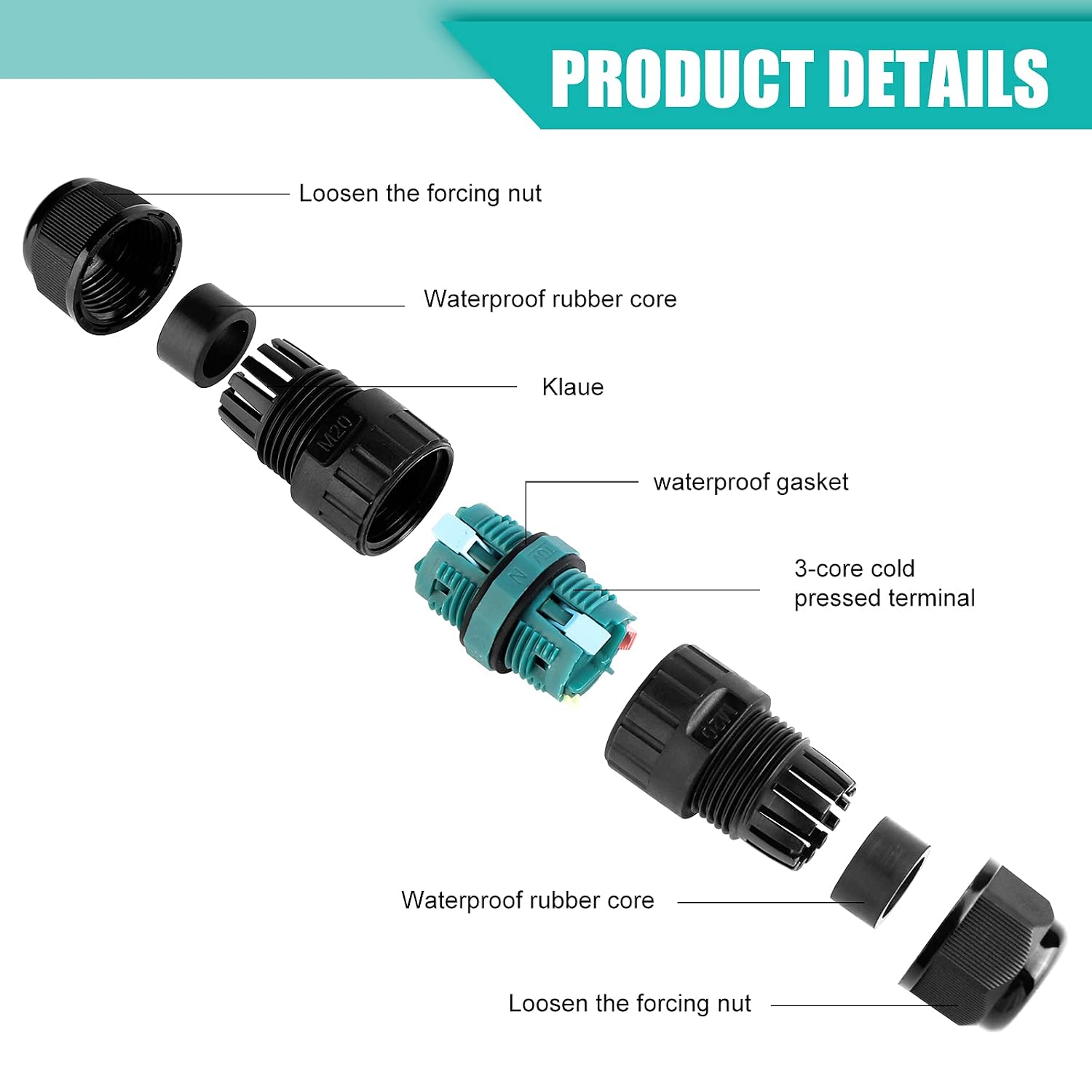 Detalle 1 de GAOUTO 766156647413 IP68 3-pin waterproof cable connector, 5–12 mm