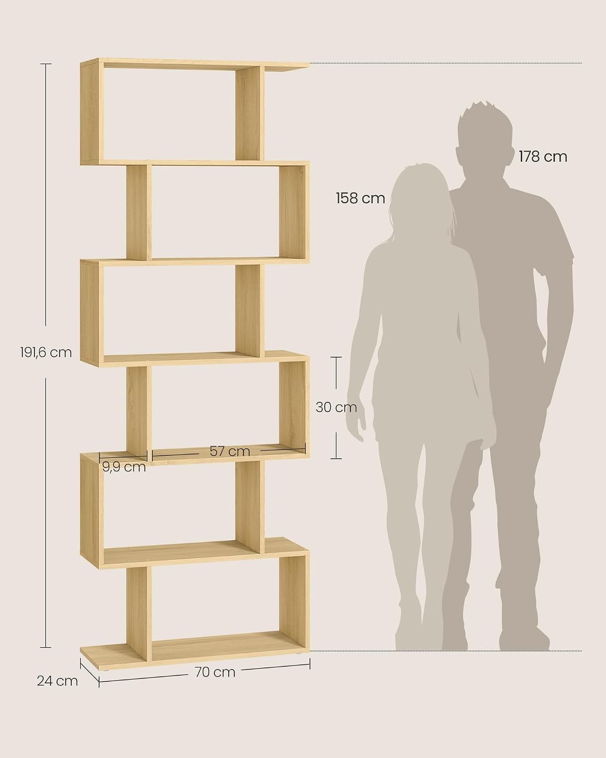 Detalle de VASAGLE CUSTOS LBC061T70 boekenkast, S-vormig met 6 niveaus, 70 x 24 x 191,6 cm