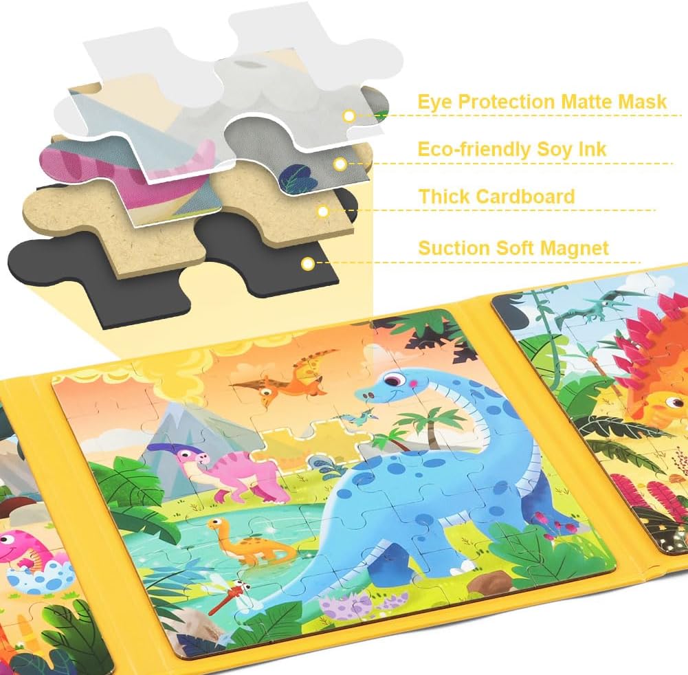 Detalle 2 de Puzzle magnetici Aolso in scatola-latta per bambini 3-7 anni: gioco Montessori con dinosauro e animali