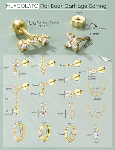 Thumbnail 5 de MILACOLATO Helix Piercing Jewellery – Flat Back Earring Set (316L Surgical Steel)