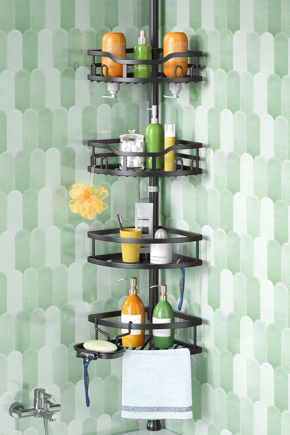 Detalle de HAMITOR SCT05 Corner Shower Caddy, 4-Tier Adjustable Tension Pole, Black