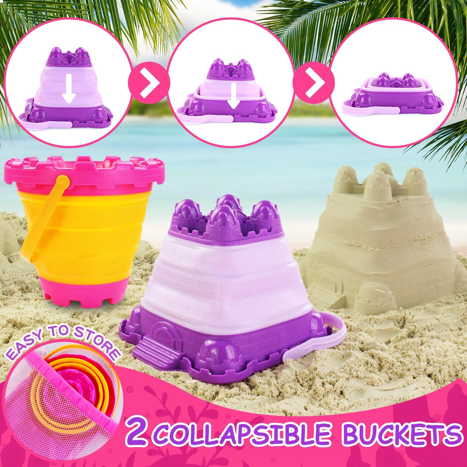 Detalle 2 de Elovien Beach Sand Toys set (50 pcs) with 2 collapsible sand buckets and mesh backpack bag