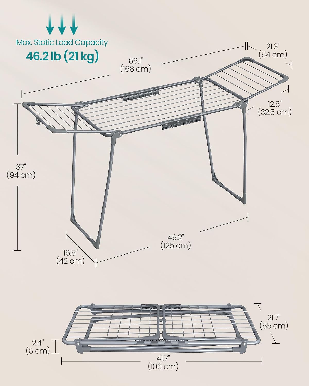 Thumbnail 6 de SONGMICS LLR518G01 Winged Clothes Airer, 18 m Drying Space, Foldable