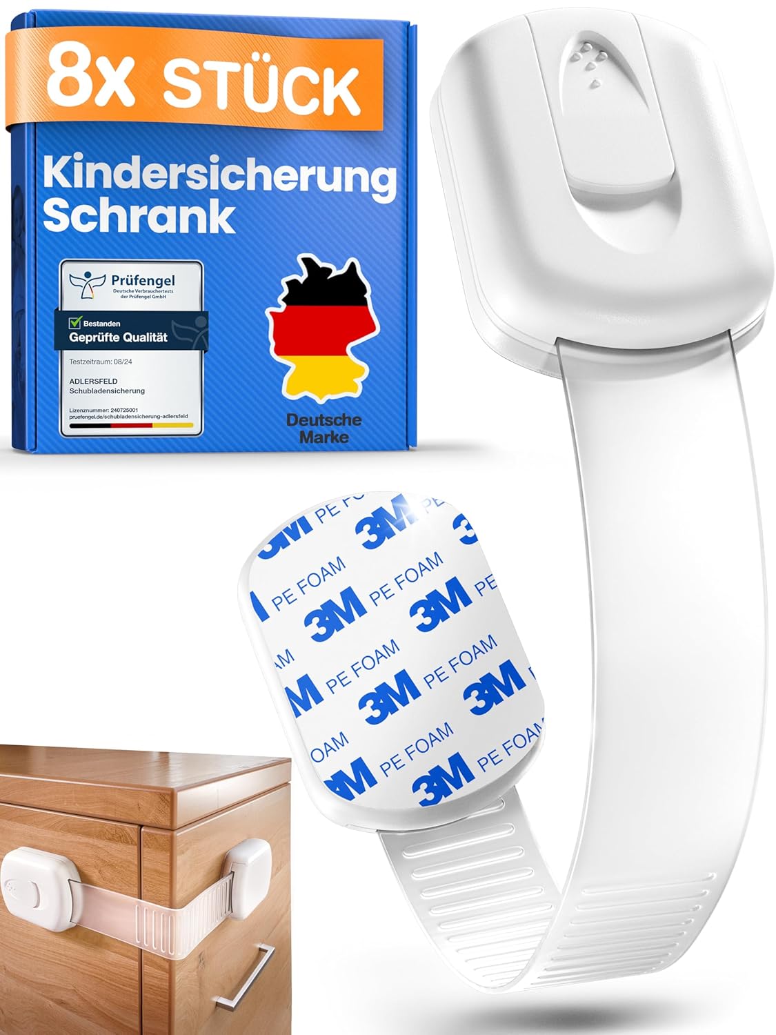 Detalle de Adlersfeld ADLERSFELD 8x Kindersicherung für Schrank-Schubladen (mit 3M-Kleber) – verstellbar