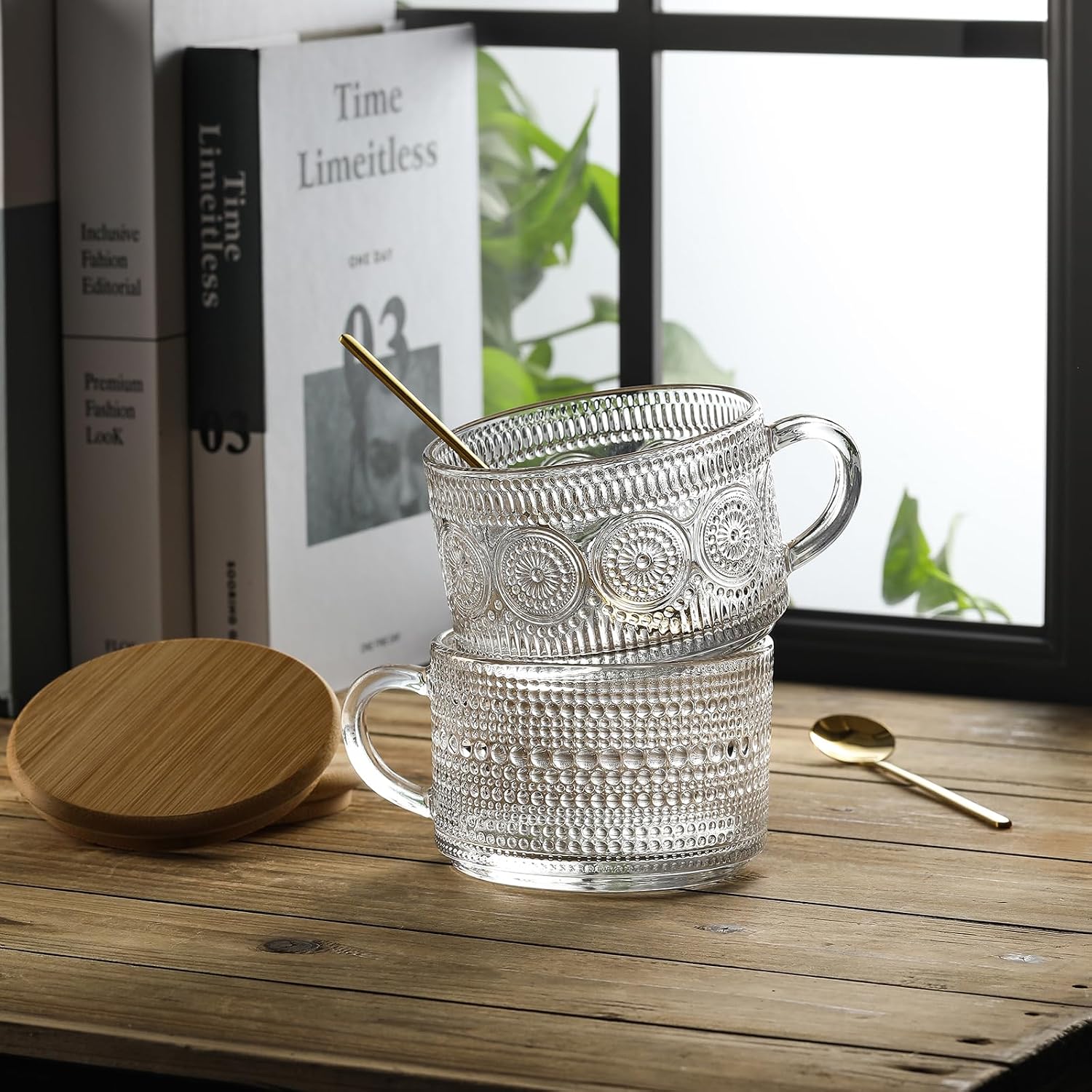 Thumbnail 6 de Vintage Embossed 14oz Glass Coffee Mugs Set 🍽
