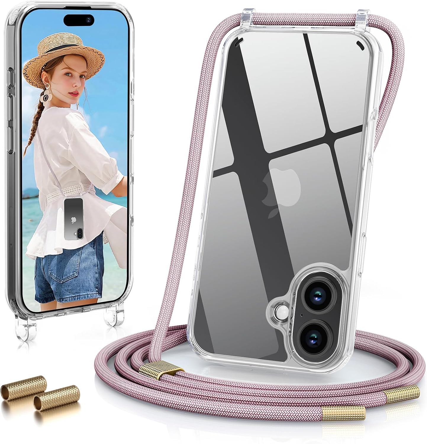 Detalle de GOODVISH Handykette für iPhone 17 mit transparenter Hülle, Kameraschutz und Bildschirmschutz (Rosé Gold, mit Schnur)