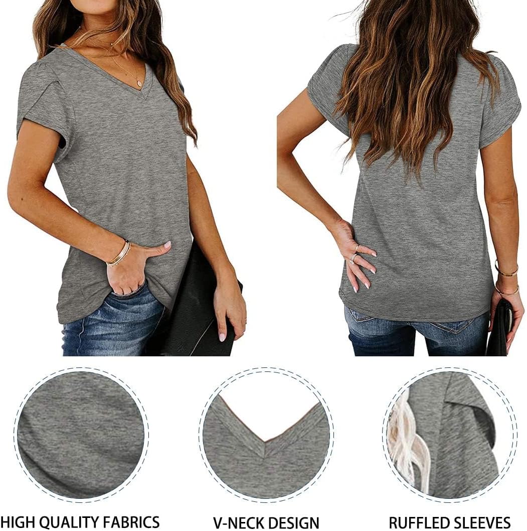 Thumbnail 5 de PLOKNRD Damen Tops V-Ausschnitt Blütenblatt Ärmel — Sommer-T-Shirt mit lockerer Passform