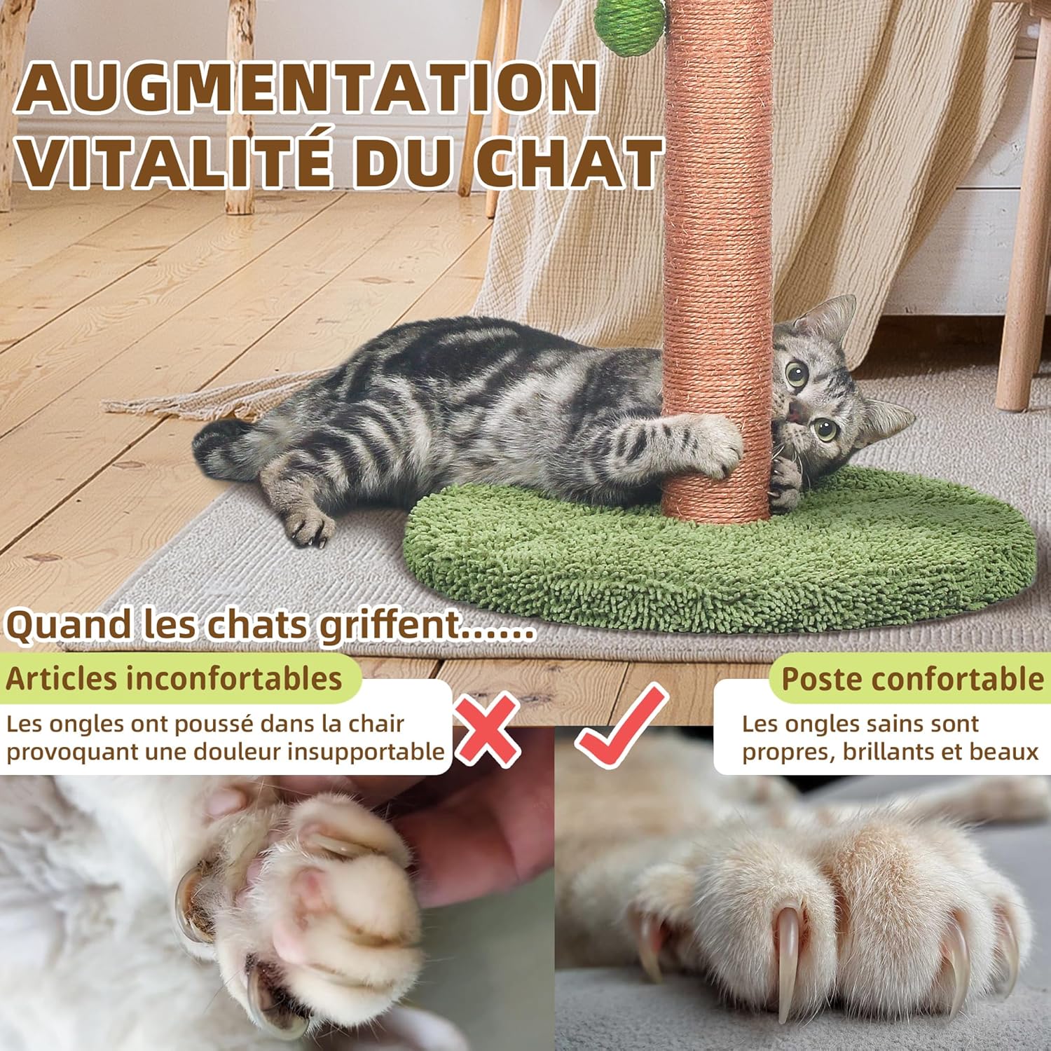 Thumbnail 2 de Meowoou Griffoir pour chat d’intérieur 84 cm avec corde en sisal et balle suspendue