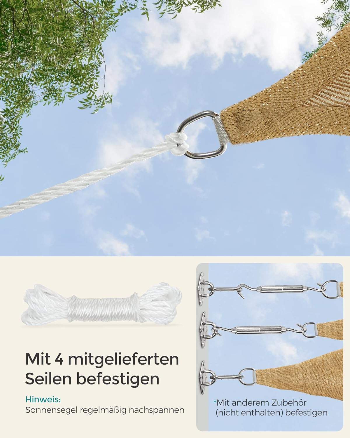 Thumbnail 6 de SONGMICS Sonnensegel 3 x 5 m aus HDPE – UV-Schutz, atmungsaktiv, Sandgelb (GSS35EYV1)