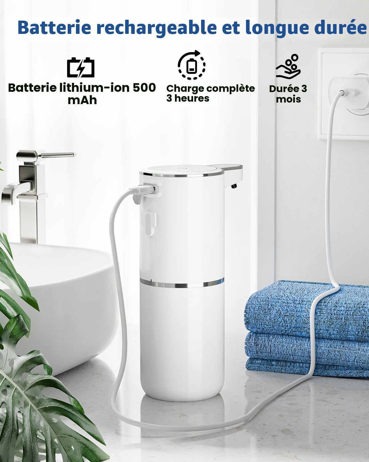 Detalle de Distributeur Savon Automatique mural 380 ml – 4 niveaux de mousse, IPX5, USB-C