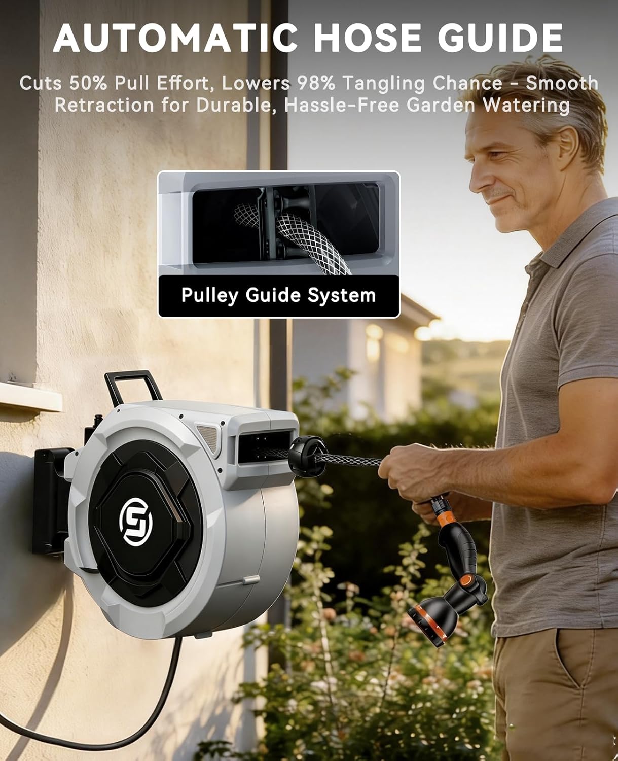 Thumbnail 5 de SUNPOW Retractable Hose Reel (16mm x 20m) with 10-Function Nozzle, Auto Rewind & 180° Swivel Wall Bracket