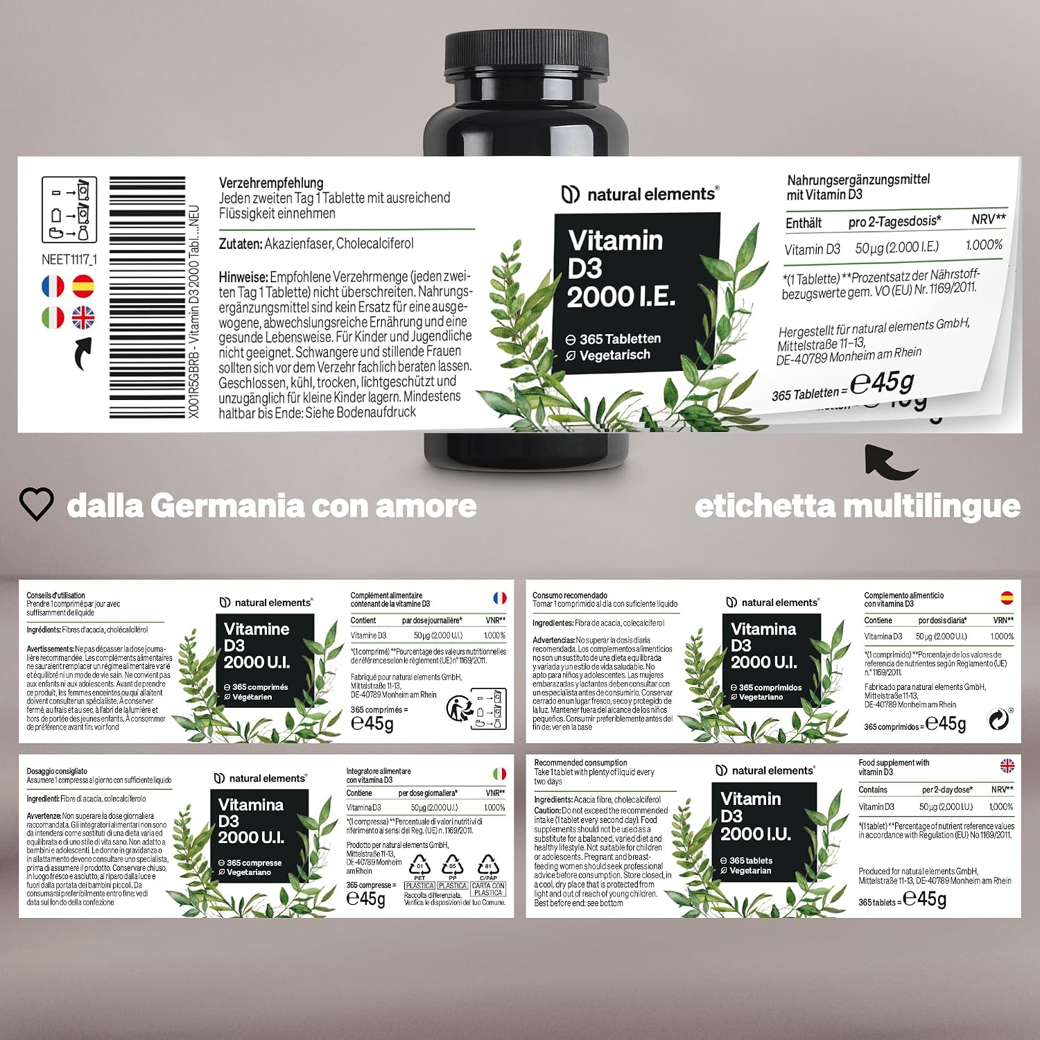 Detalle de Natural Elements Vitamina D3 2000 U.I. – 365 compresse per ossa e sistema immunitario