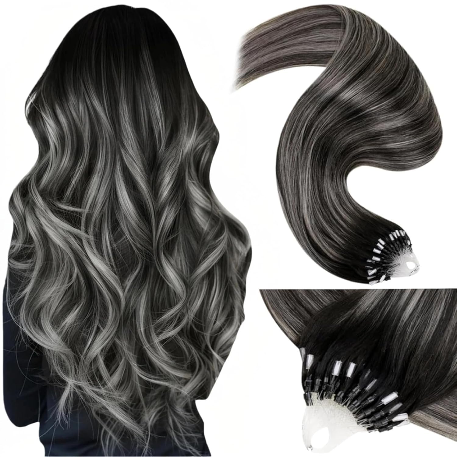 Detalle de LaaVoo Microring Echthaar Extensions – Balayage Silber Bis Balayage Ombre Schwarz, 50 cm, 50 g, 50 Stück