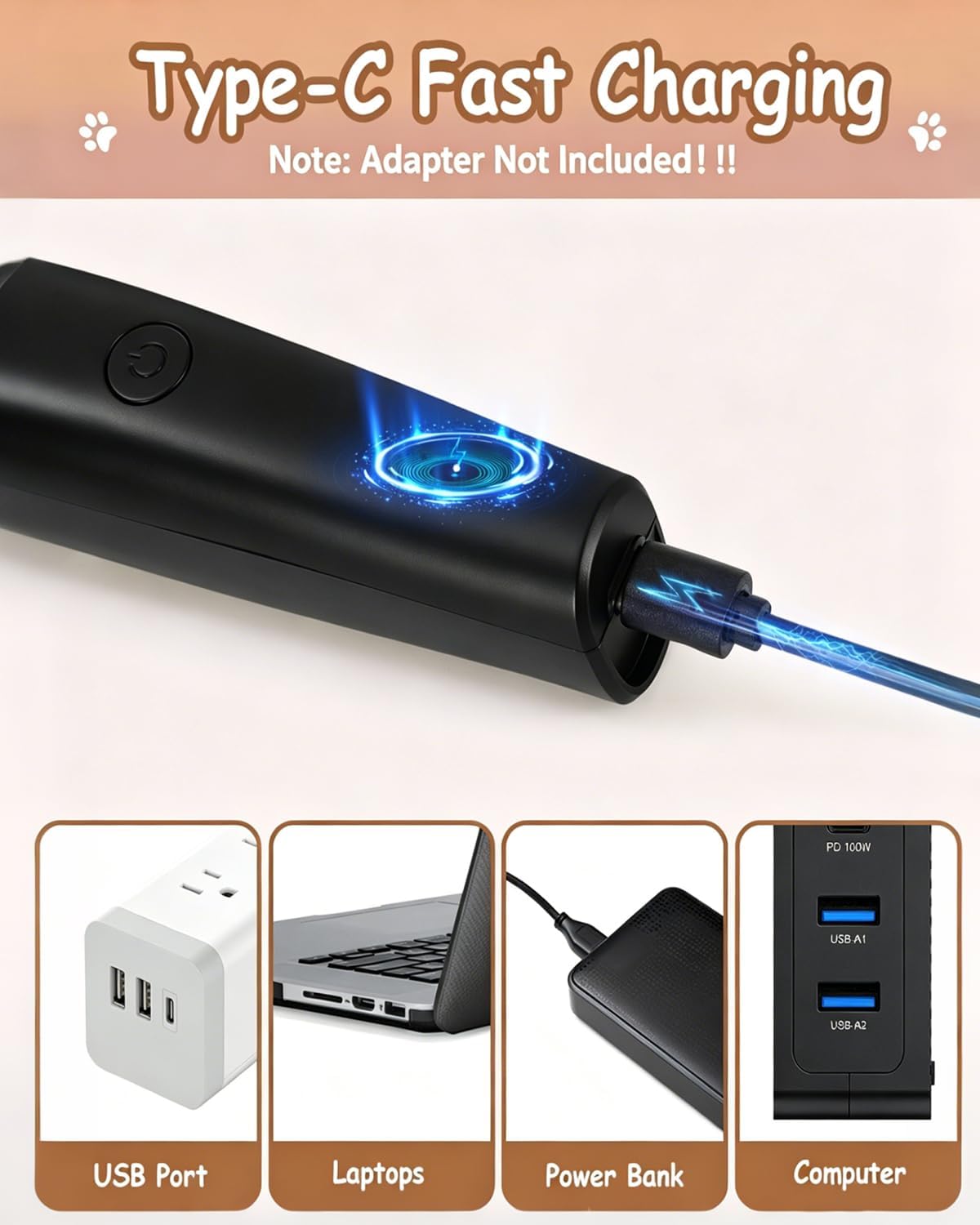 Detalle de Cussity 4 in 1 Dog Clippers for Grooming – USB-C Rechargeable, Two Speeds, Nail Grinder